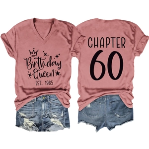Detail view of Chapter 60 Birthday Queen V-neck t-shirt with 1965 crown print back and front