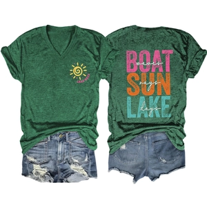 Detailed front and back view of V-neck heather green T-shirt with Boat Sun Lake prints