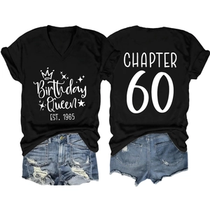 Detail of Chapter 60 Birthday Queen V-neck T-shirt set with distressed denim shorts