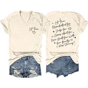 Front and back view of beige V-neck T-shirt with Let Them print and ripped denim shorts
