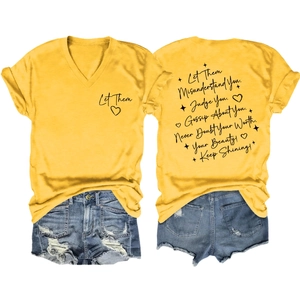 Ginger yellow V-neck T-shirt with Let Them print and ripped denim shorts set