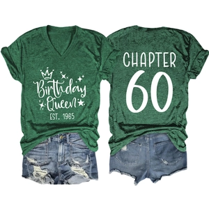 Deep green V-neck T-shirt with Birthday Queen 1965 and Chapter 60 back print details