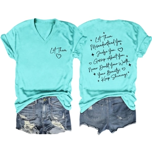 Mint green V-neck T-shirt with motivational text and distressed blue denim shorts set