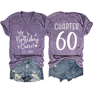 Detail of purple Heather T-shirt with Birthday Queen EST. 1965 and Chapter 60 back print