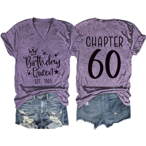 Detailed front and back view of purple Chapter 60 Birthday Queen T-shirt and denim shorts set
