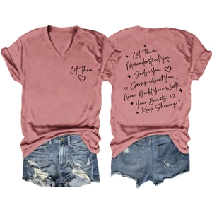 Front and back detail of a pink V-neck T-shirt with Let Them inspirational quotes