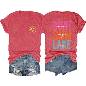 Front and back detail of red V-neck T-shirt with Boat Sun Lake graphics and lettering