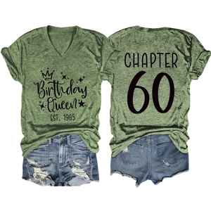 Front and back view of Birthday Queen Chapter 60 green V-neck tee and denim shorts set