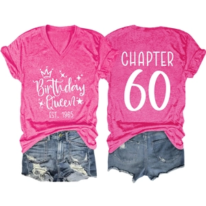 Detail view of pink V-neck Birthday Queen 1965 shirt and Chapter 60 back print