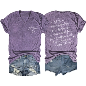 Front and back view of purple V-neck T-shirt with quote and distressed denim shorts