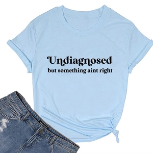 Detail of light blue crew neck t-shirt with front knot and black letter printing