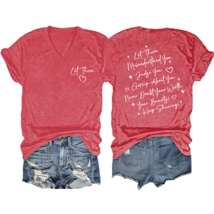 Detailed front and back view of red V-neck T-shirt with Let Them white letter print