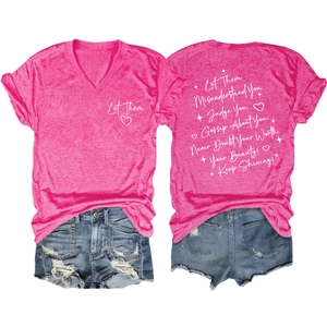 Front and back detail of pink V-neck T-shirt with Let Them quote and denim shorts