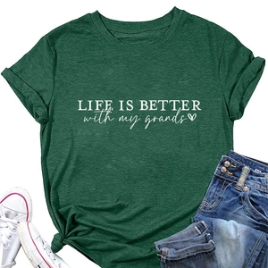 Detail of dark green t-shirt showing LIFE IS BETTER print and trendy front knot style