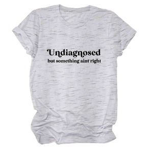 Detail of grey crewneck T-shirt with black printed slogan and soft cotton texture