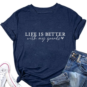 Navy blue cotton t-shirt with Life is Better text paired with denim shorts and shoes