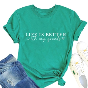 Teal green T-shirt with 'Life is Better with my grands' print and knotted hem detail