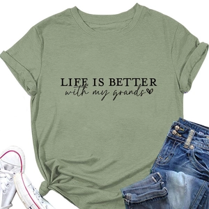 Detail of Life Is Better With My Grands print on olive green short sleeve cotton t-shirt