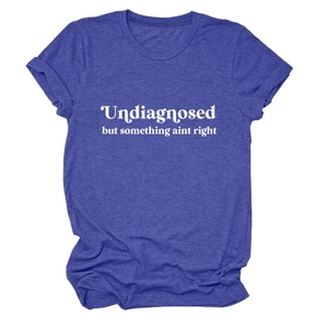 Detailed view of violet-blue crew neck T-shirt featuring white text quote print
