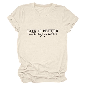 Detail of crew neck t-shirt with Life is Better with my grands text and heart print