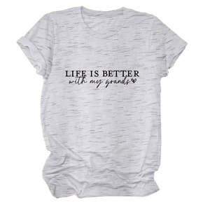 Detail of 'LIFE IS BETTER with my grands' slogan on a heather grey cotton blend T-shirt