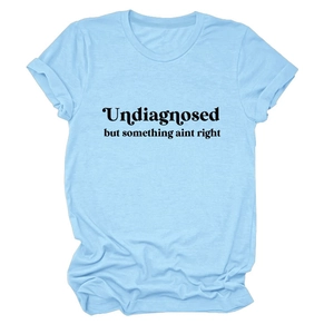 Detailed flat lay of light blue round neck T-shirt with black artistic text printing