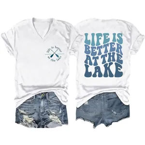 Women V Neck T-Shirt Short Sleeve Casual Cotton Blend Letter Print Graphic Summer Tee Life Is Better At The Lake