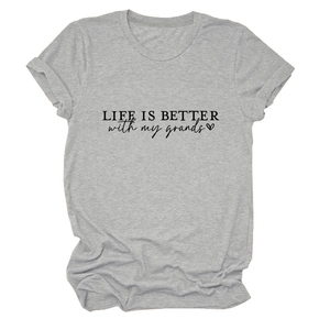 Detail of grey heather t-shirt featuring LIFE IS BETTER WITH MY GRANDS print design