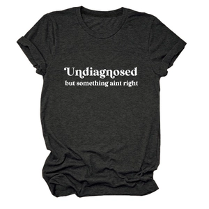 Detailed flat lay of heather charcoal crew neck T-shirt with white graphic slogan
