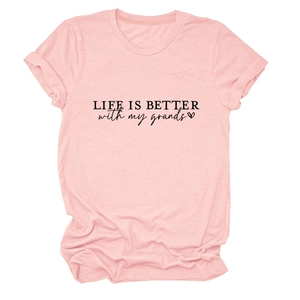 Close-up of LIFE IS BETTER print on light pink crew neck cotton t-shirt for women
