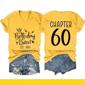 Women V-Neck T-Shirt Cotton Polyester Short Sleeve Loose Birthday Queen Print Casual Party Summer Top