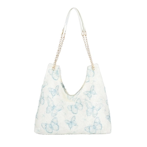 Sac fourre-tout en toile à motif papillon et bandoulière chaîne dorée élégante