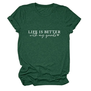 Detailed flat lay of dark green heather T-shirt with LIFE IS BETTER text print