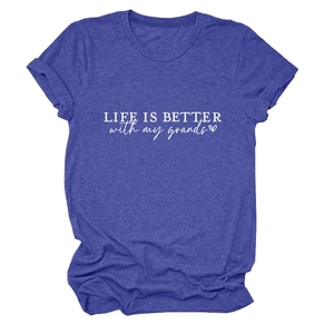 Detail of royal blue heather t-shirt with white LIFE IS BETTER text and rolled cuffs