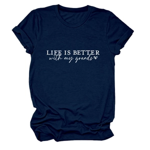 Detail of navy blue cotton T-shirt featuring Life Is Better with my grands white print