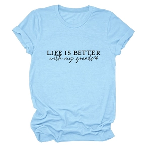 Close-up of light blue cotton T-shirt with black Life is Better text and heart print