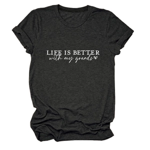 Detail of grey crewneck T-shirt showing LIFE IS BETTER print with heart pattern