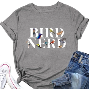 T-shirt gris en coton avec imprimé Bird Nerd et graphismes d'oiseaux colorés