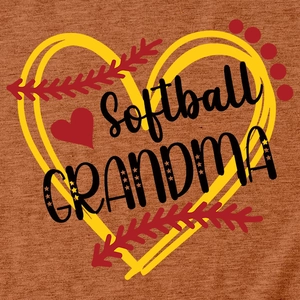 Detail of Softball Grandma print with heart graphic on soft orange melange T-shirt