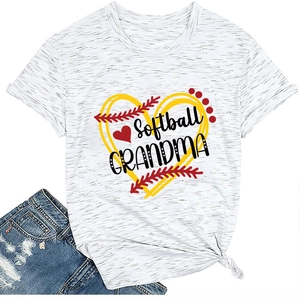 Detail of Softball Grandma print on grey t-shirt with creative knotted hem and denim shorts