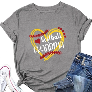 Flat lay of gray softball grandma T-shirt with denim jeans and white sneakers