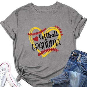 Detail of Softball Grandma print on grey cotton t-shirt with baseball heart graphic