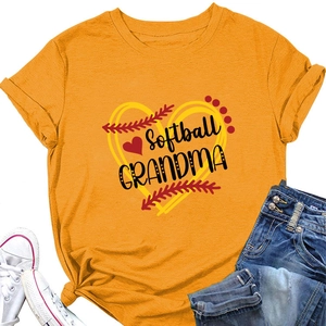 Flat lay of yellow Softball Grandma t-shirt with blue denim jeans and white sneakers