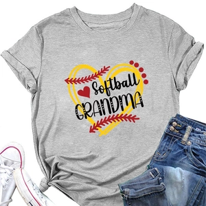 Flat lay of gray Softball Grandma T-shirt with denim jeans and white sneakers