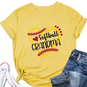 Detail of yellow cotton Softball Grandma T-shirt paired with sneakers and jeans