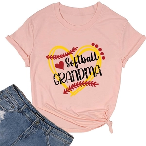 Detail of pink softball grandma T-shirt with yellow heart graphic and denim jeans