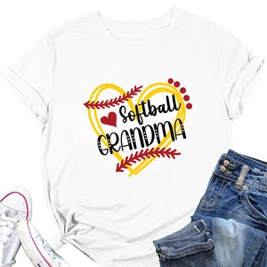 Close-up of Softball Grandma print on white cotton t-shirt with heart graphics