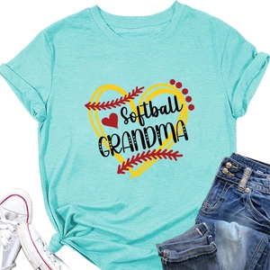 Detail of teal t-shirt featuring Softball GRANDMA heart graphic and stylish side knot hem