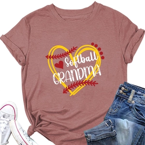 Detail of Softball Grandma print on a dusty rose cotton t-shirt with side knot styling