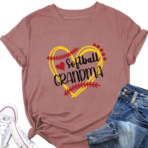 Detail of Softball Grandma print on brick red cotton t-shirt with stylized side knot